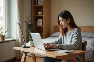 Femme en télétravail dans une chambre de T2 aménagée avec un coin bureau séparé du lit par une bibliothèque