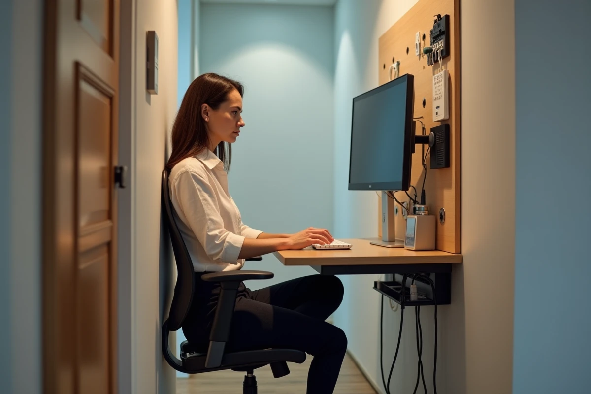 Femme en télétravail dans un micro-bureau mural aménagé dans un couloir de T2, solution gain de place