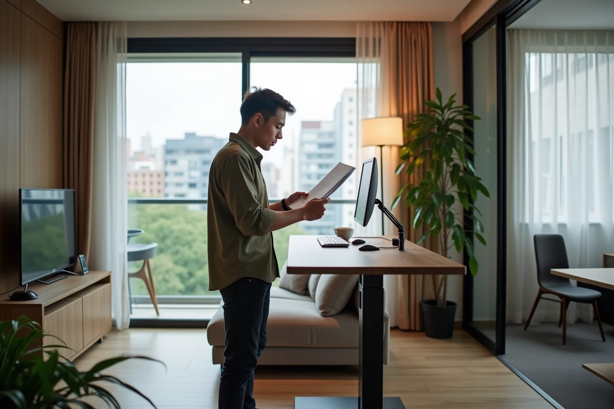 Homme en télétravail dans le salon d'un T2 avec bureau debout et double usage de l'espace de vie