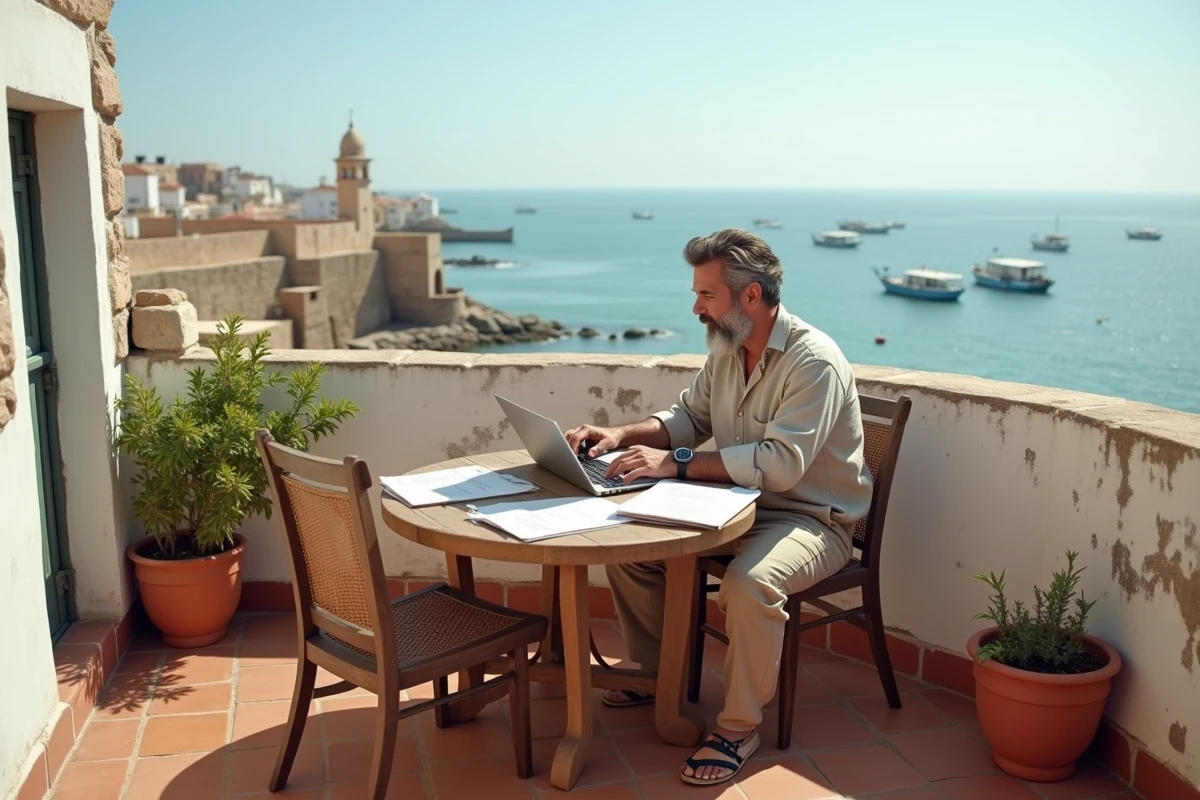 Homme installé sur une terrasse panoramique à Essaouira consultant des documents de location, vue sur les remparts et l'océan Atlantique