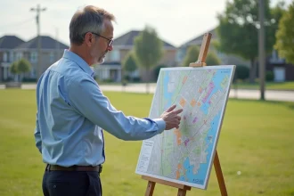 Urbaniste devant carte de zonage en plein air