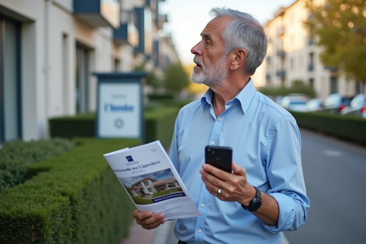 Propriétaire évaluant son bien immobilier avec une annonce locale et une application nationale sur smartphone