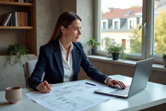 Femme professionnelle à Paris gérant la vente d'une villa à Marrakech depuis son bureau à distance