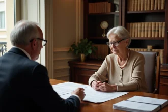 Une femme âgée signe un contrat de viager libre avec un notaire dans un bureau parisien classique