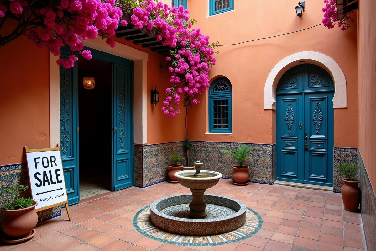Villa de luxe traditionnelle à vendre à Marrakech avec cour intérieure et fontaine en mosaïque