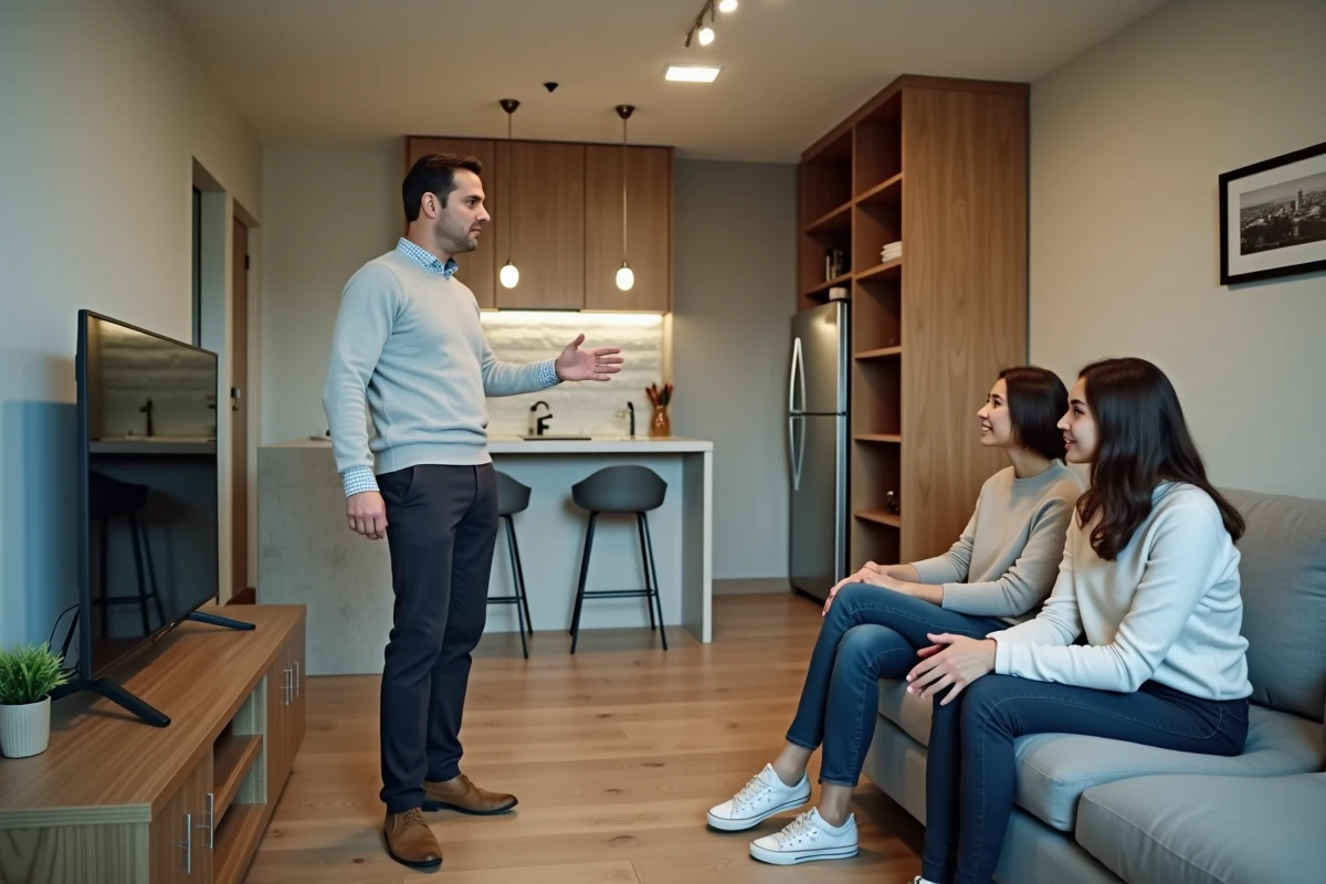 Propriétaire présentant un appartement meublé à des locataires potentiels lors d'une visite