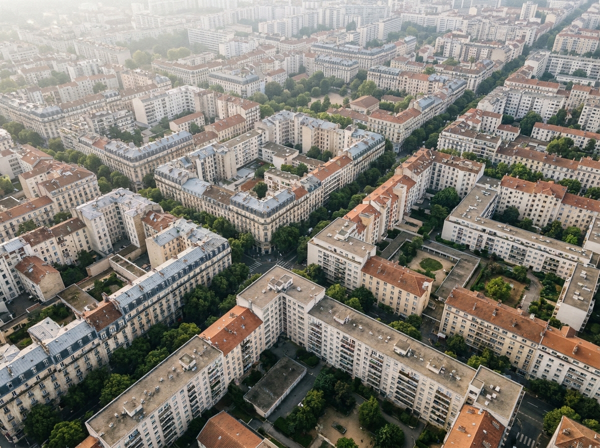 Vue aérienne du quartier résidentiel de Villeurbanne illustrant la densité immobilière et le marché du prix au mètre carré en 2026